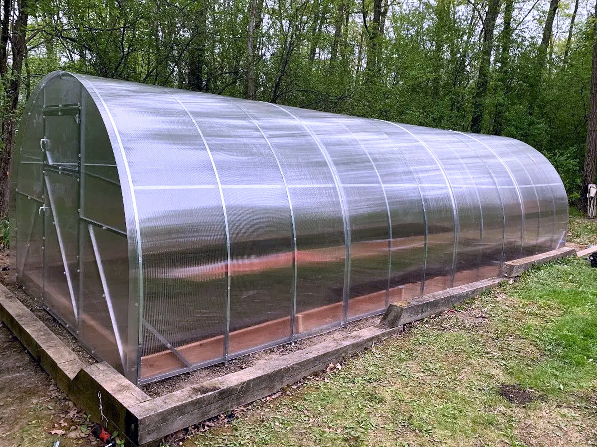 An Arc Series greenhouse in late spring: a galvanized steel arch glazed in twinwall polycarbonate, bolted to a timber base at the edge of a wood